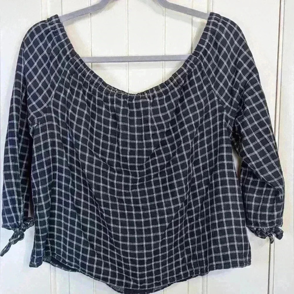 Madewell Plaid Off or On the Shoulder Top Sz Large Black/ White Tie Sleeves - Picture 4 of 8
